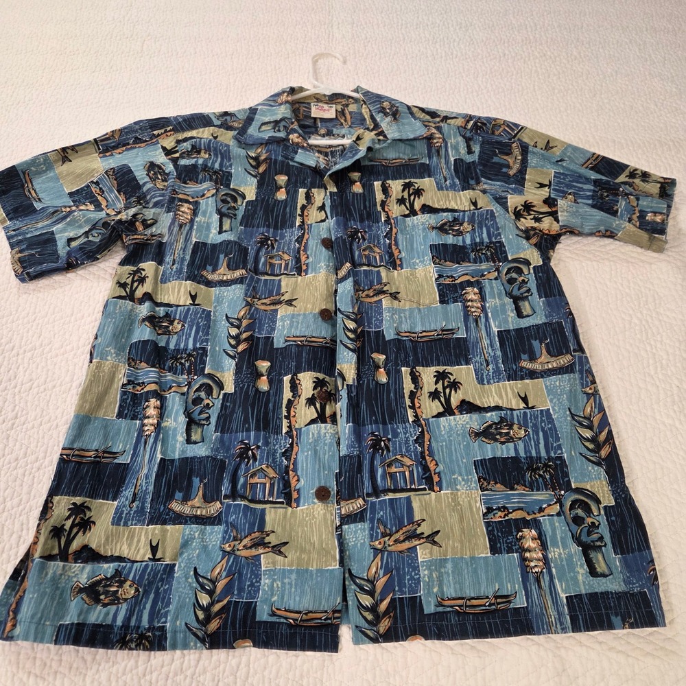 Go Barefoot Mens Hawaiian Shirt Medium Blue Tiki Moai Fish Cotton Made in USA